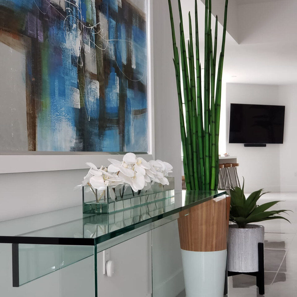 Tall Bamboo Reed Arrangement in Two-Tone Wood & Ivory Planter