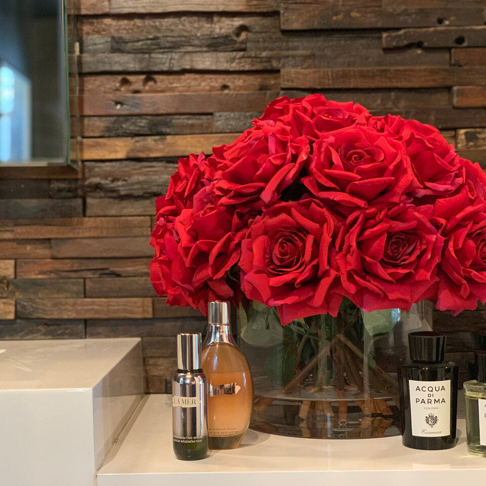 Classic Red Rose Luxe Arrangement in Low Glass Bowl