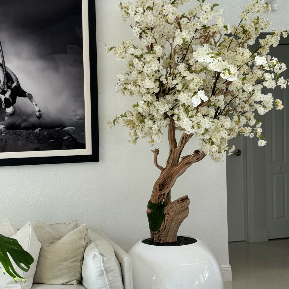 Premium Artificial White Cherry Blossom Tree – Round Gloss White Vase Edition