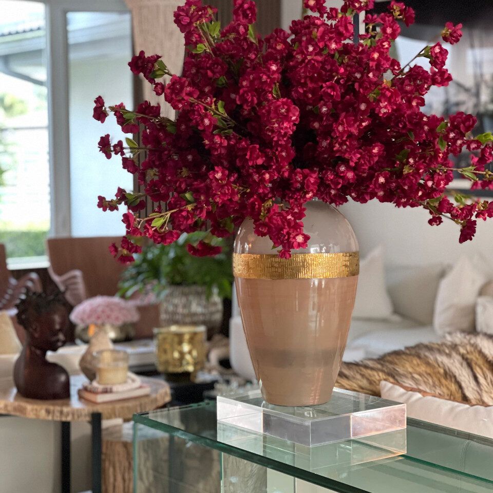 Deep Red Artificial Blossom Arrangement – Gold-Banded Glass Vase Edition