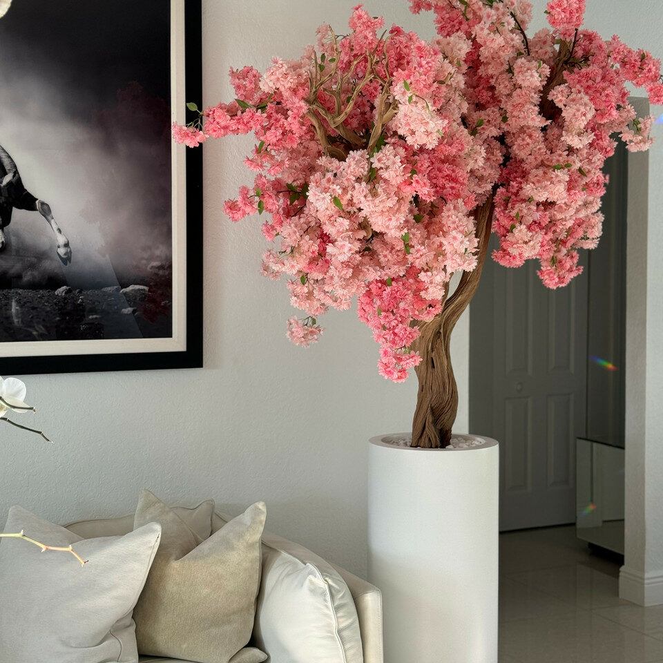 Elegant Artificial Cherry Blossom Tree – Tall White Vase Edition