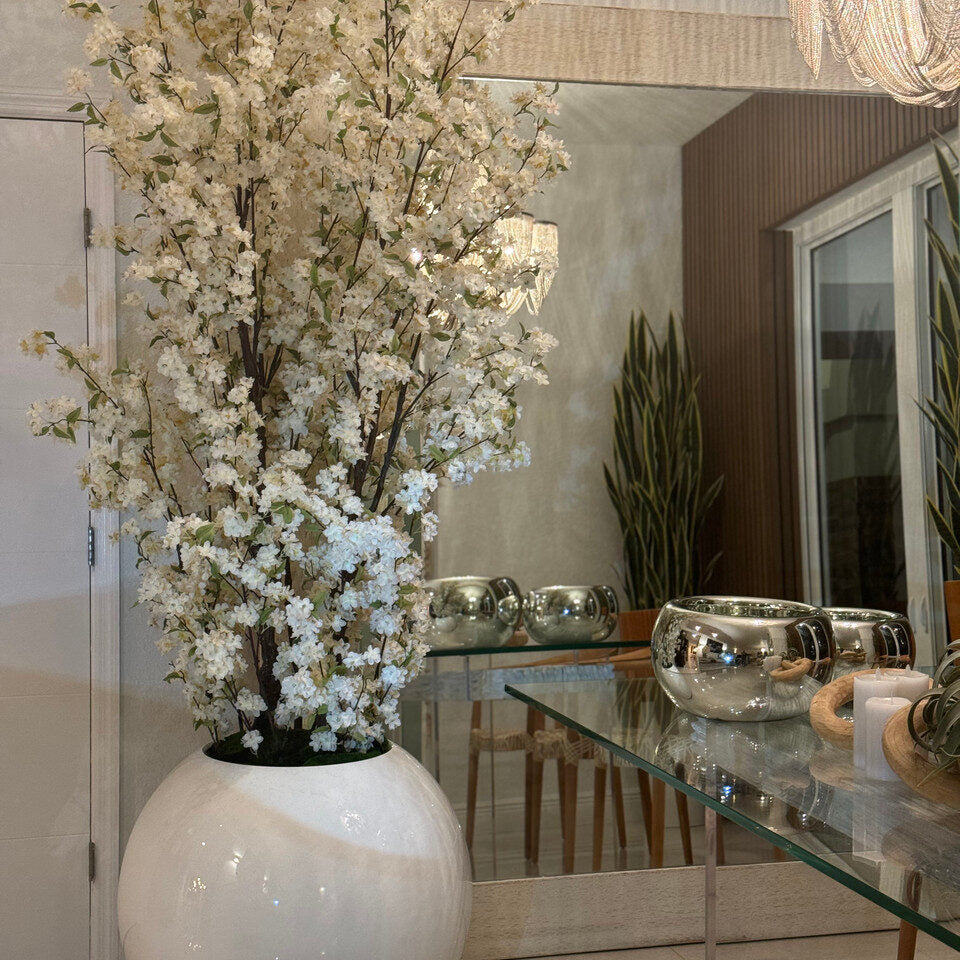 Luxurious White Artificial Cherry Blossom Arrangement – Gloss Porcelain Planter