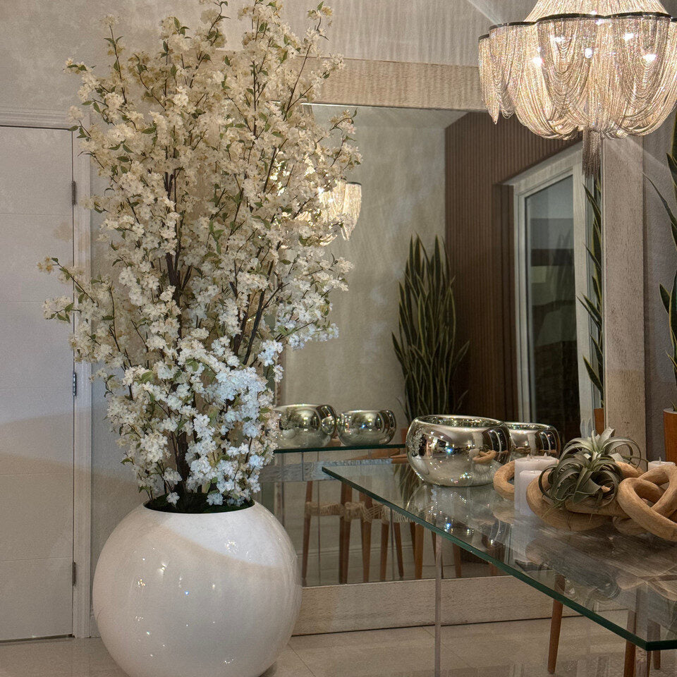 Luxurious White Artificial Cherry Blossom Arrangement – Gloss Porcelain Planter
