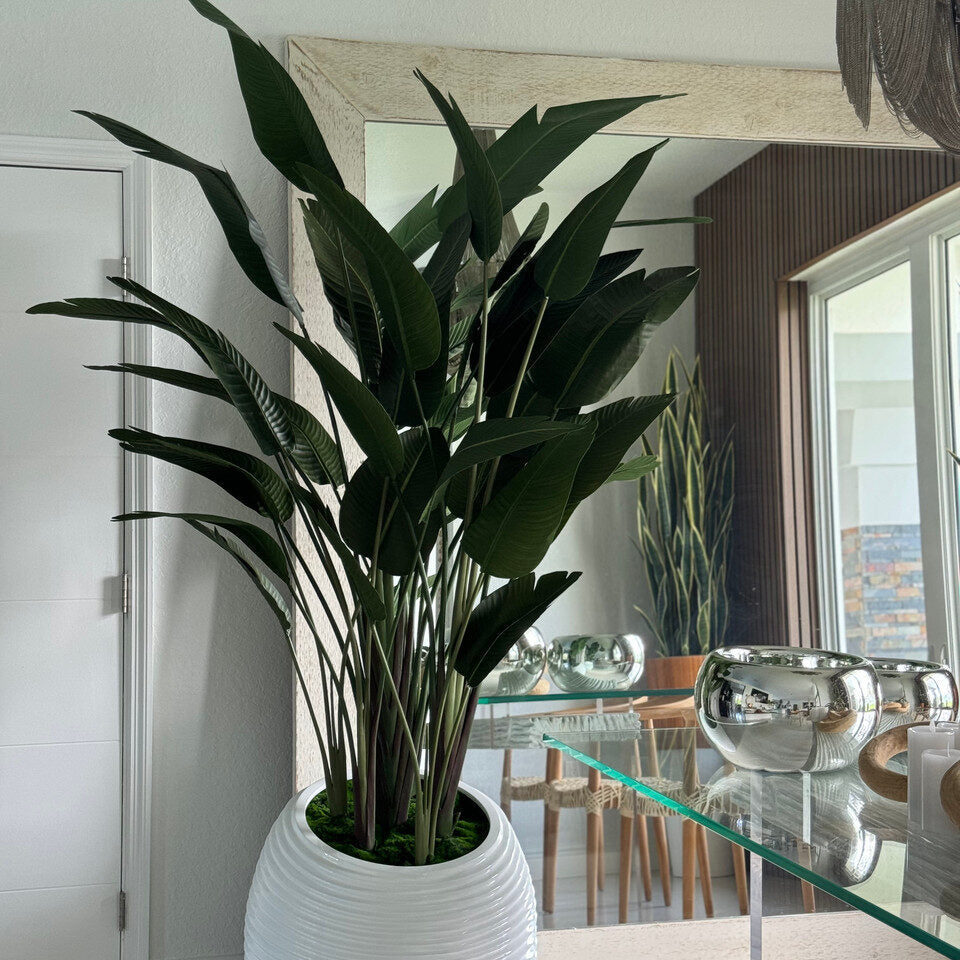 Luxury Artificial Bird of Paradise – White Textured Round Vase Edition