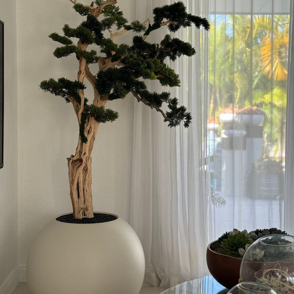 Luxury Artificial Curved Bonsai Tree – Matte Round Ivory Vase Edition